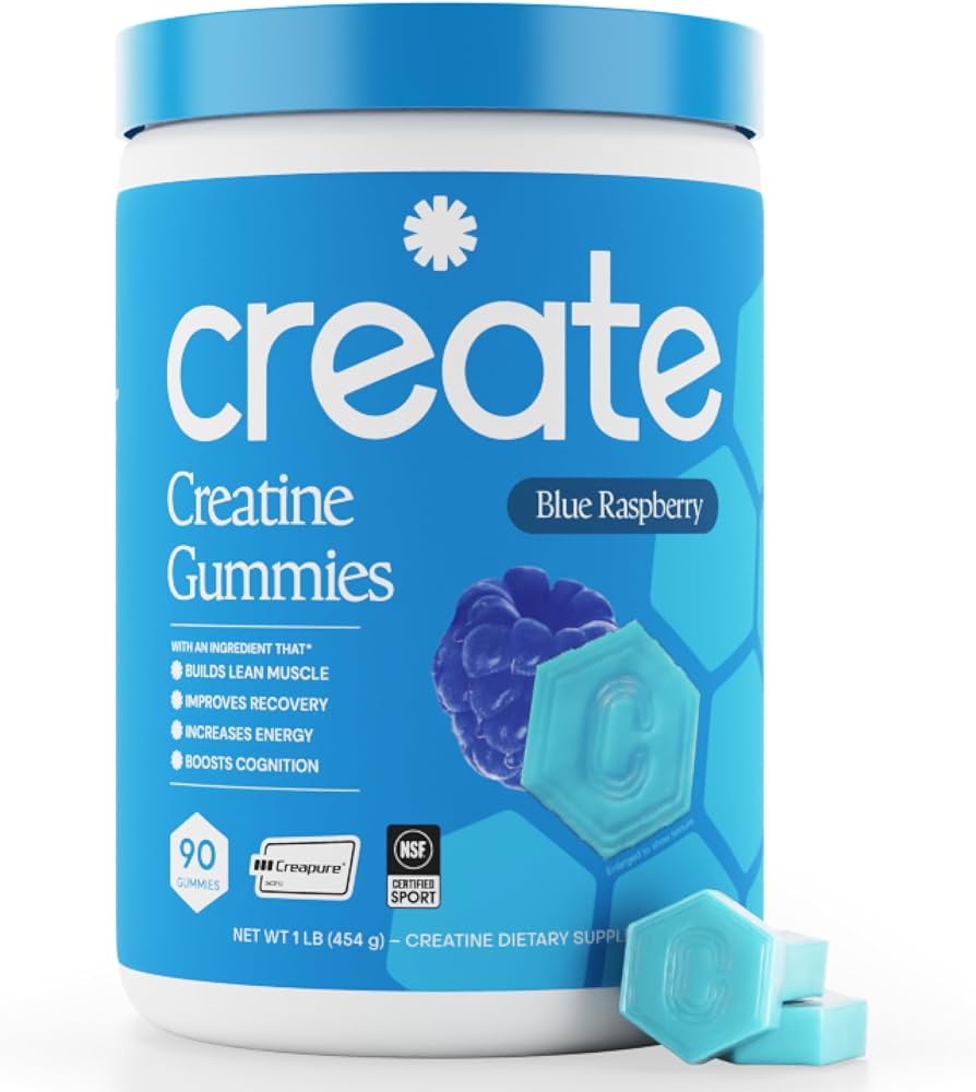Create Creatine Monohydrate Gummies for Men & Women, Boost Focus, Strength, and Endurance, Anti-Melting Formula, Vegan, Gluten-Free, Non-GMO, 1.5g of Creatine per Gummy (Blue Raspberry, 90 ct)